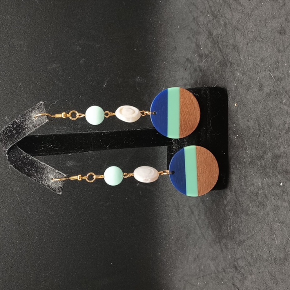 Handmade blue brown faux pearl earrings dangle nwot